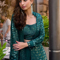 Attractive Teal Green Georgette Embroidered Party Wear Palazzo Set With Jacket