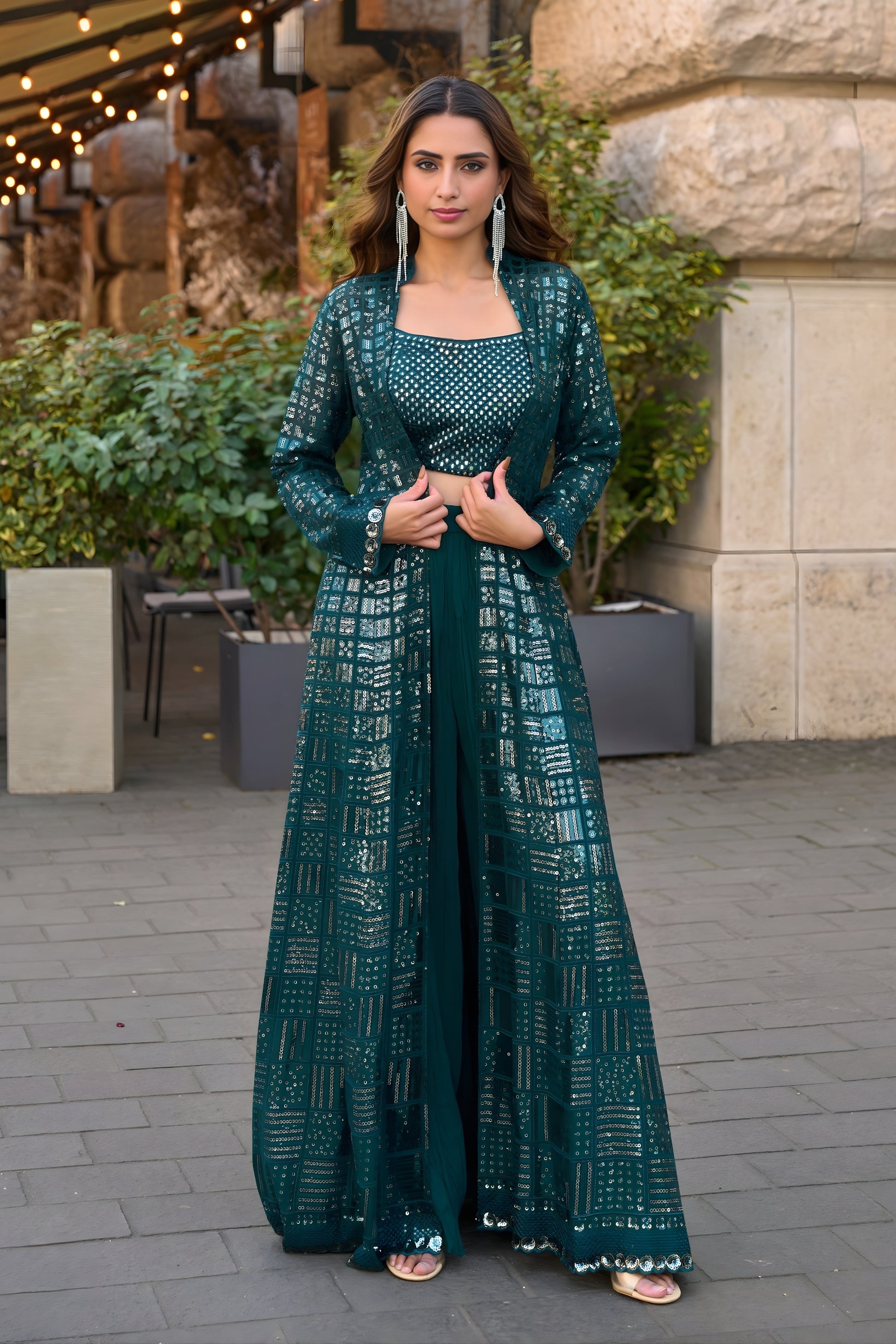 Attractive Teal Green Georgette Embroidered Party Wear Palazzo Set With Jacket