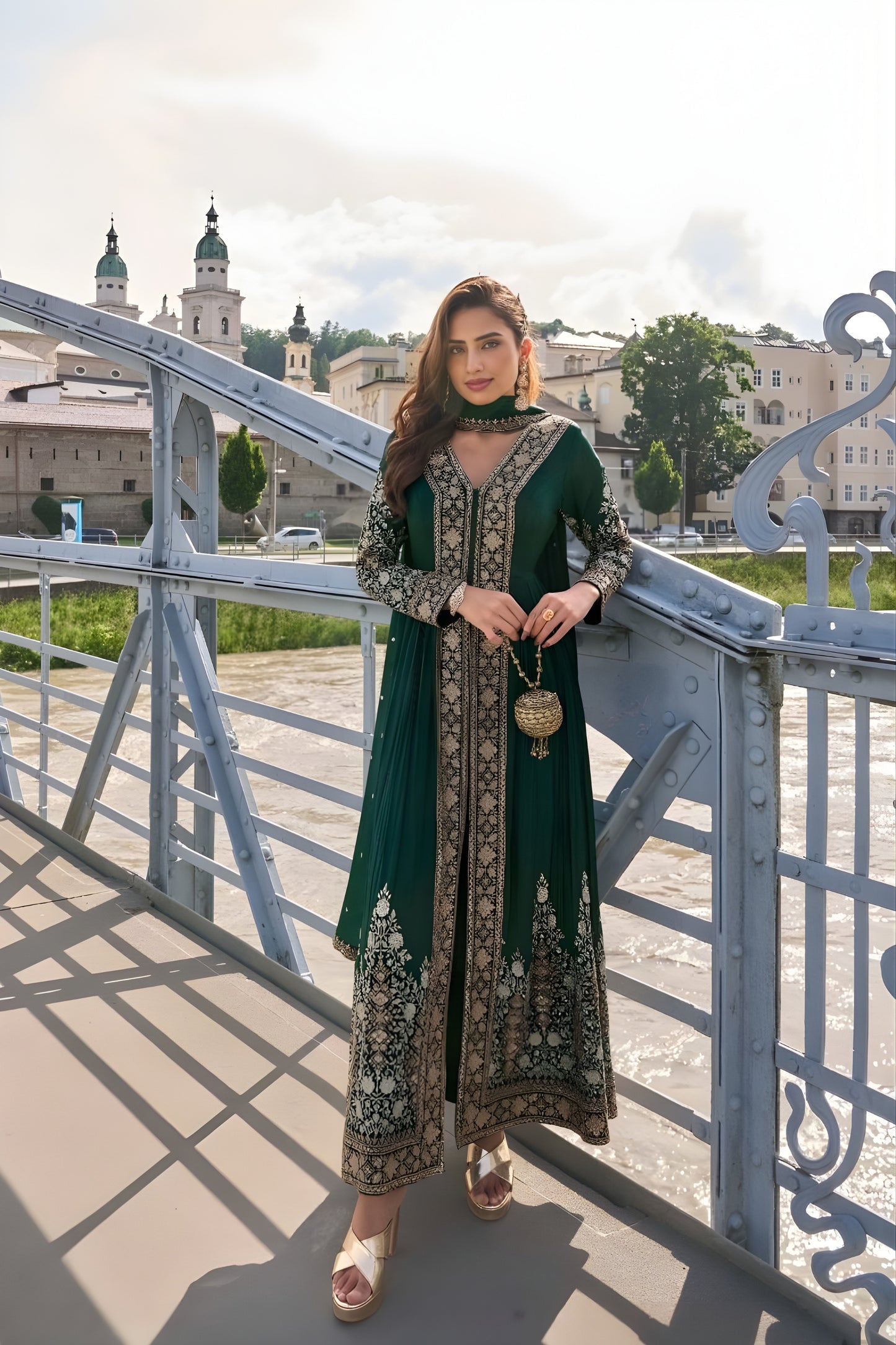 Elegant Green Chinon Embroidered Wedding Wear Anarkali Suit with Dupatta