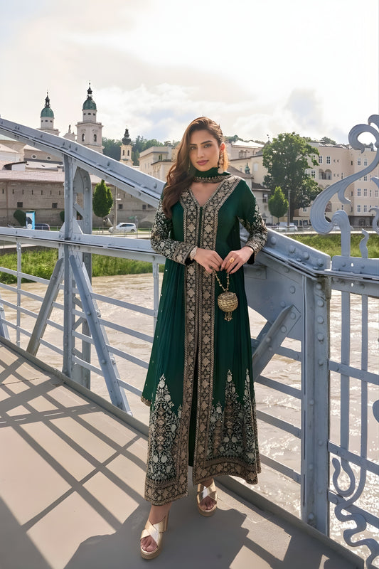 Elegant Green Chinon Embroidered Wedding Wear Anarkali Suit with Dupatta