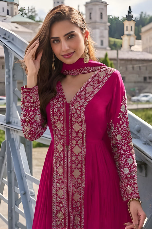 Stunning Rani Pink Chinon Embroidered Anarkali Suit with Dupatta for Wedding