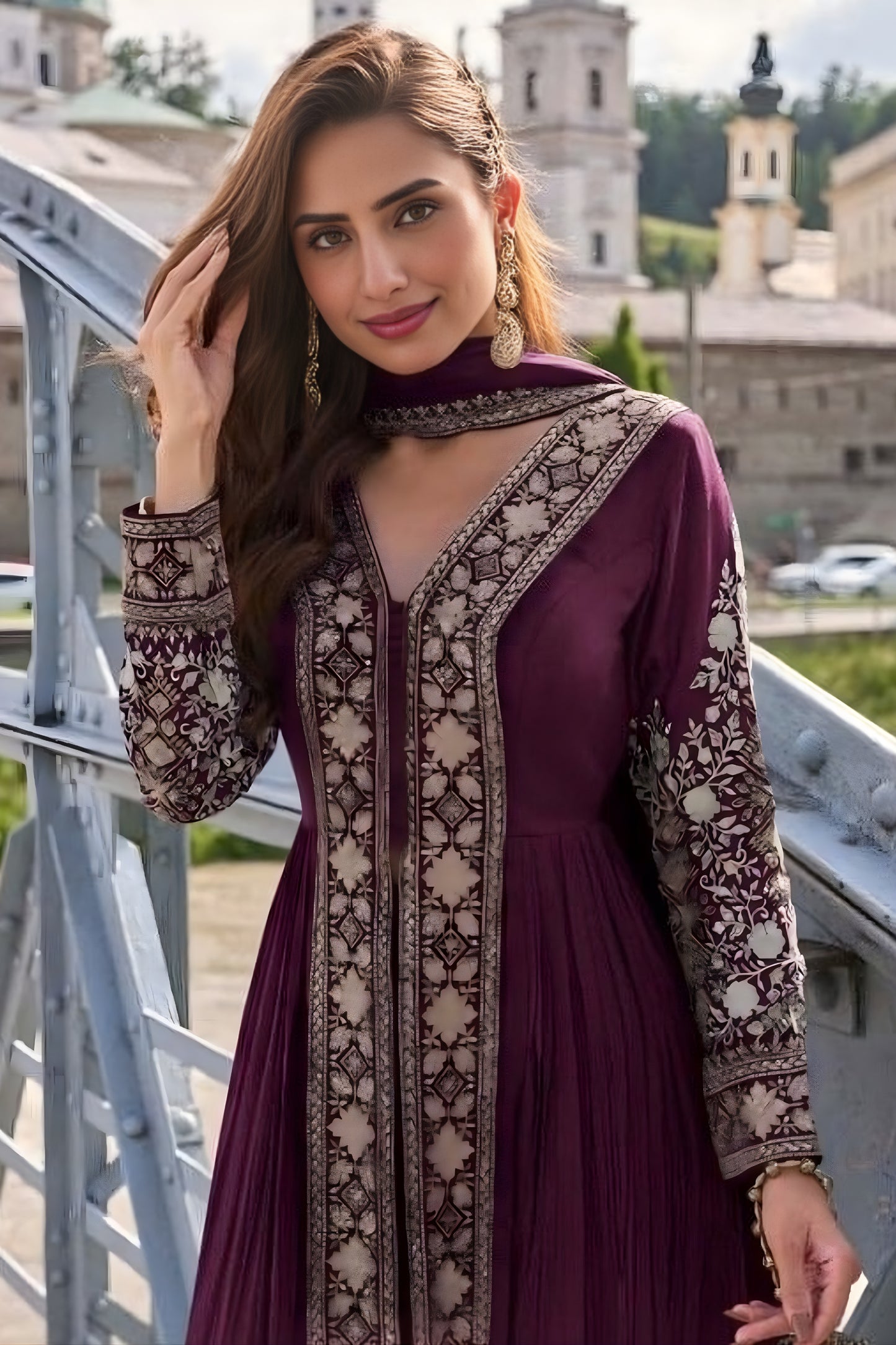 Stylish Wine Chinon Heavy Embroidered Anarkali Suit with Dupatta for Wedding