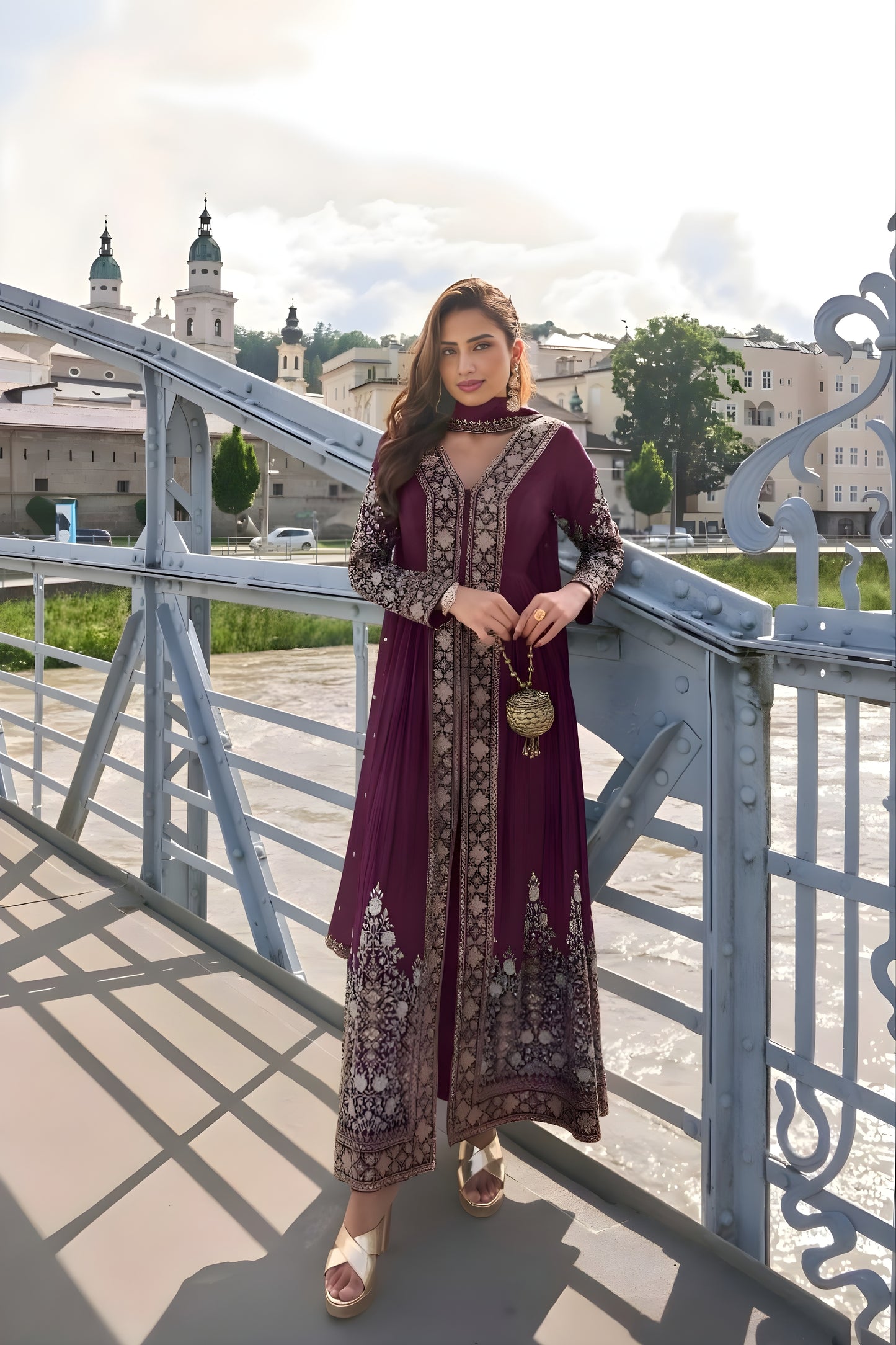 Stylish Wine Chinon Heavy Embroidered Anarkali Suit with Dupatta for Wedding