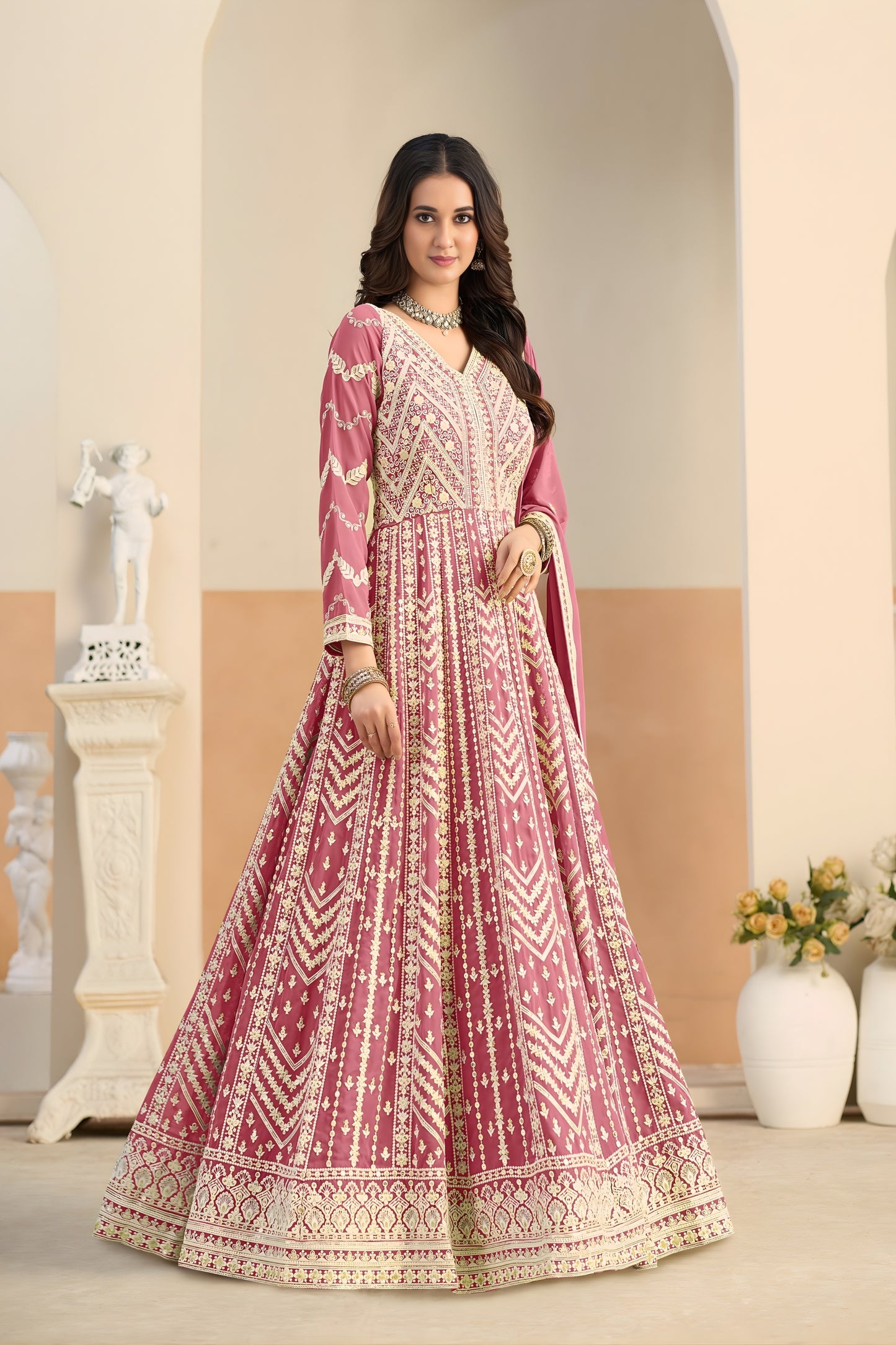 Lovely Pink Faux Georgette Embroidered Semi-Stitched Anarkali Suit with Dupatta