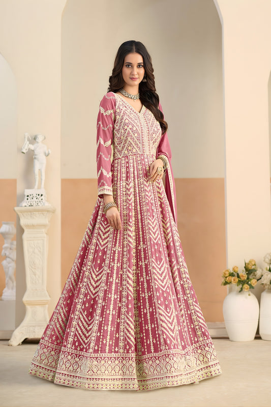 Lovely Pink Faux Georgette Embroidered Semi-Stitched Anarkali Suit with Dupatta