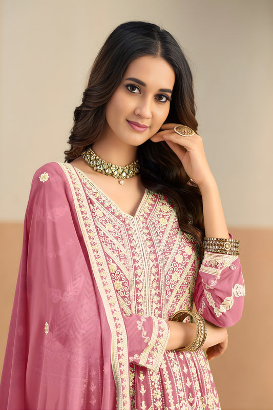 Lovely Pink Faux Georgette Embroidered Semi-Stitched Anarkali Suit with Dupatta