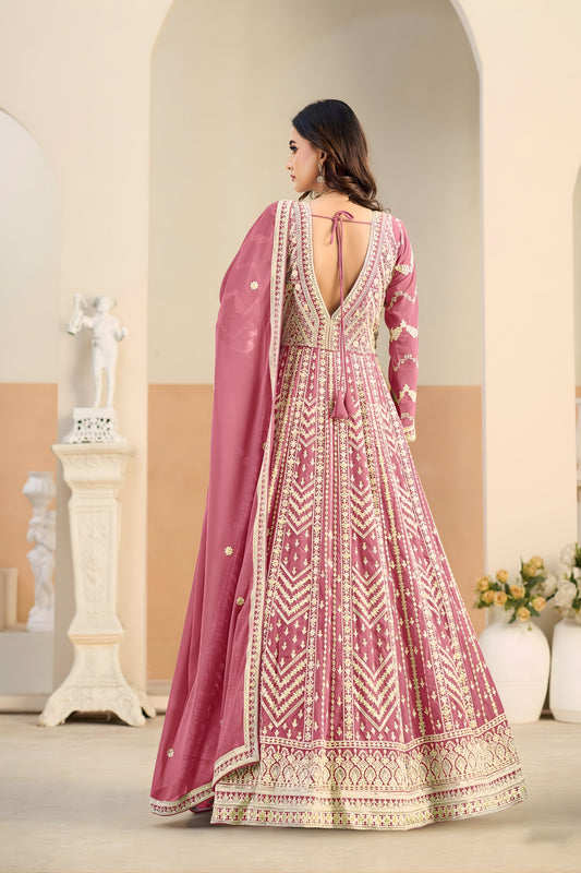 Lovely Pink Faux Georgette Embroidered Semi-Stitched Anarkali Suit with Dupatta