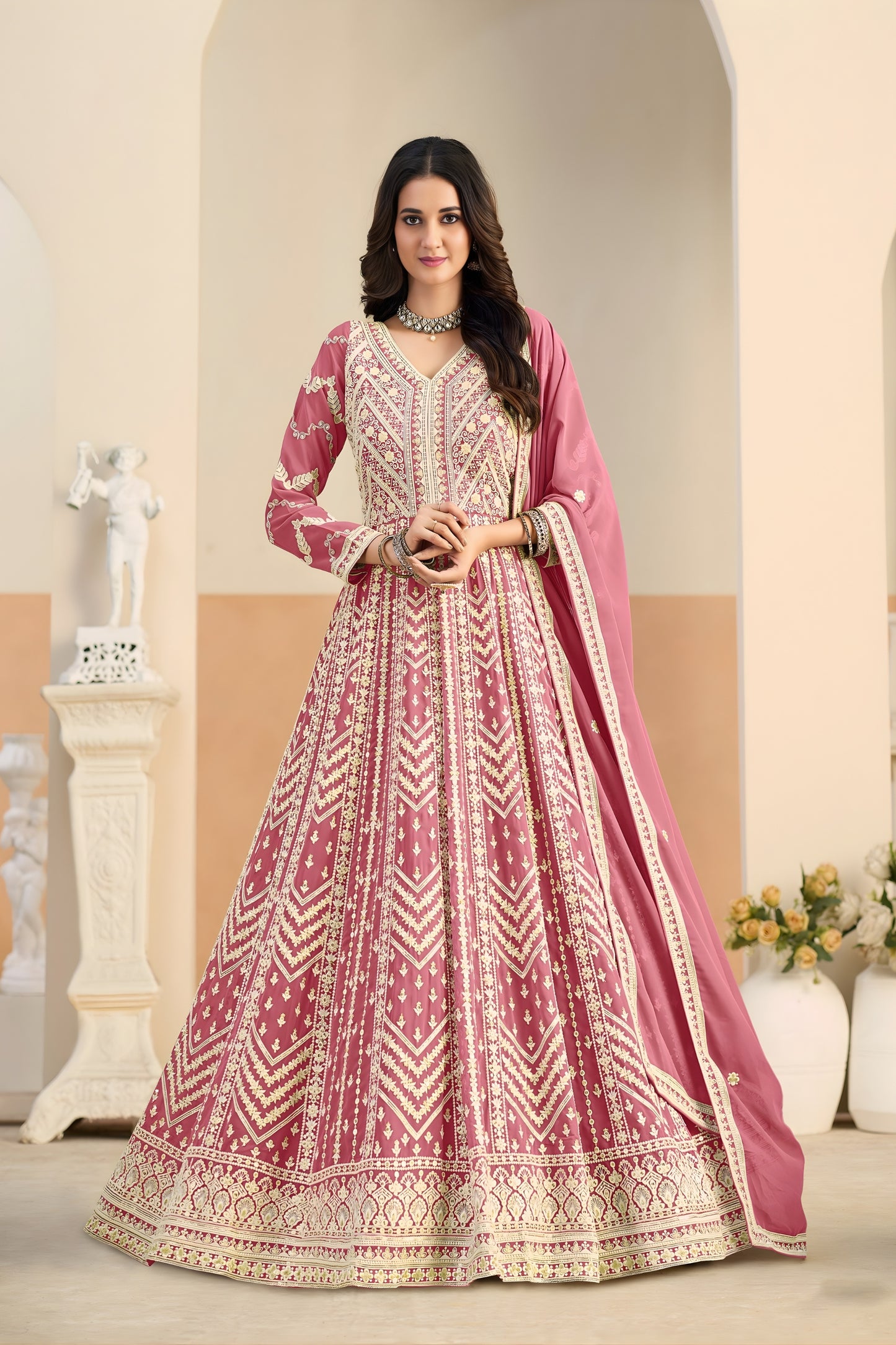Lovely Pink Faux Georgette Embroidered Semi-Stitched Anarkali Suit with Dupatta