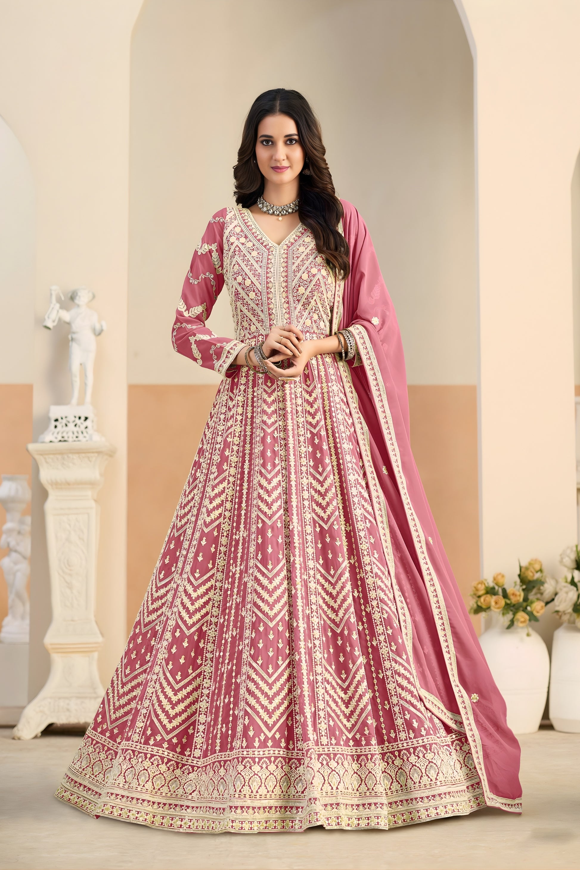 Lovely Pink Faux Georgette Embroidered Semi-Stitched Anarkali Suit with Dupatta
