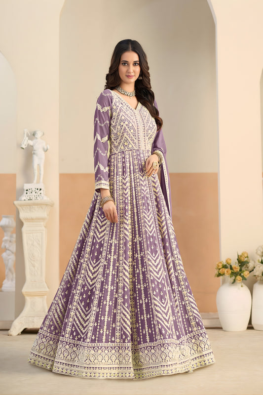 Stylish Lavender Faux Georgette Embroidered Semi-Stitched Anarkali Suit with Dupatta