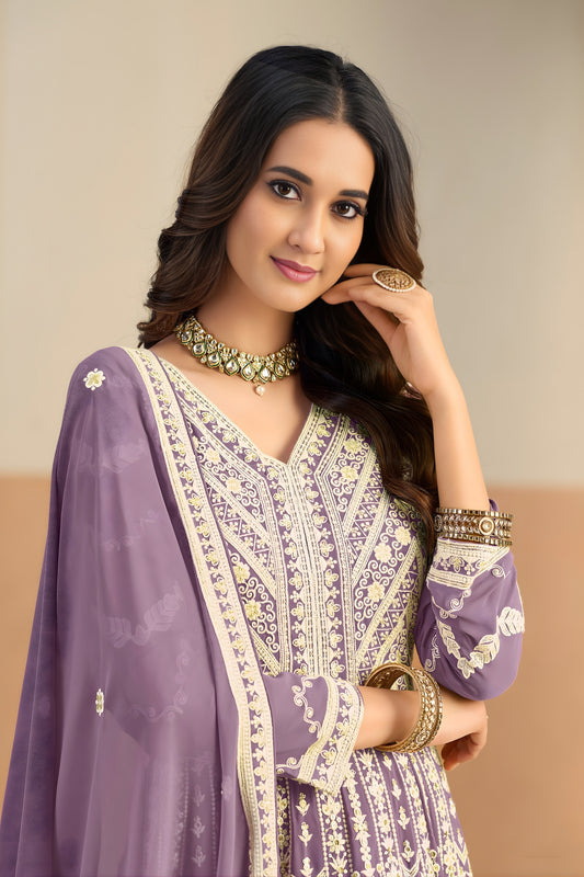 Stylish Lavender Faux Georgette Embroidered Semi-Stitched Anarkali Suit with Dupatta