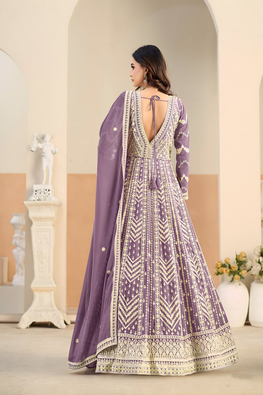 Stylish Lavender Faux Georgette Embroidered Semi-Stitched Anarkali Suit with Dupatta