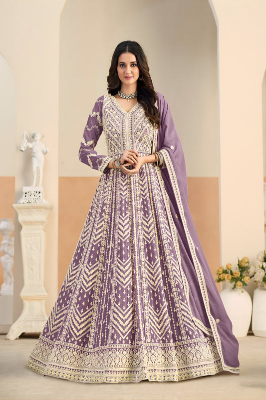 Stylish Lavender Faux Georgette Embroidered Semi-Stitched Anarkali Suit with Dupatta
