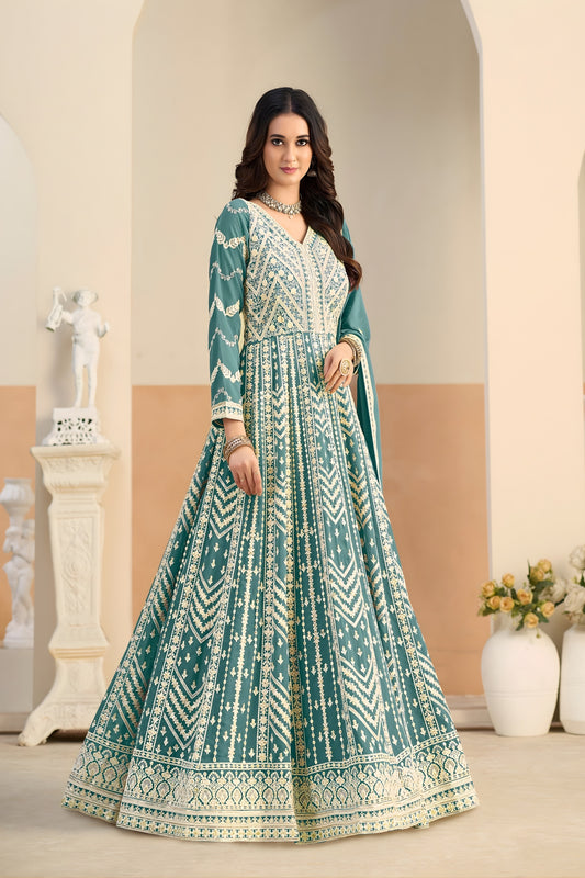 Fancy Teal Green Faux Georgette Embroidered Semi-Stitched Anarkali Suit with Dupatta
