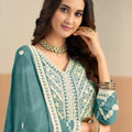 Fancy Teal Green Faux Georgette Embroidered Semi-Stitched Anarkali Suit with Dupatta