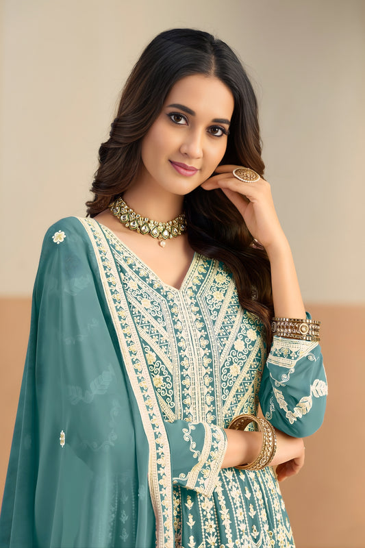 Fancy Teal Green Faux Georgette Embroidered Semi-Stitched Anarkali Suit with Dupatta