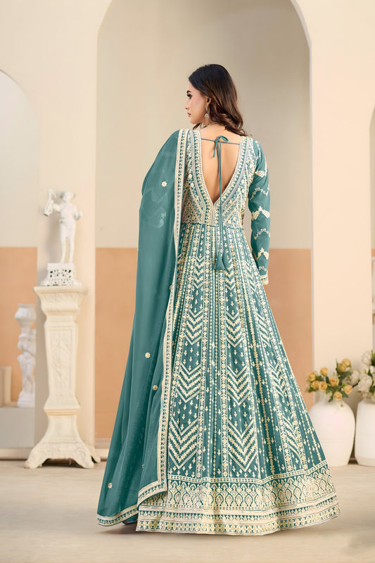 Fancy Teal Green Faux Georgette Embroidered Semi-Stitched Anarkali Suit with Dupatta