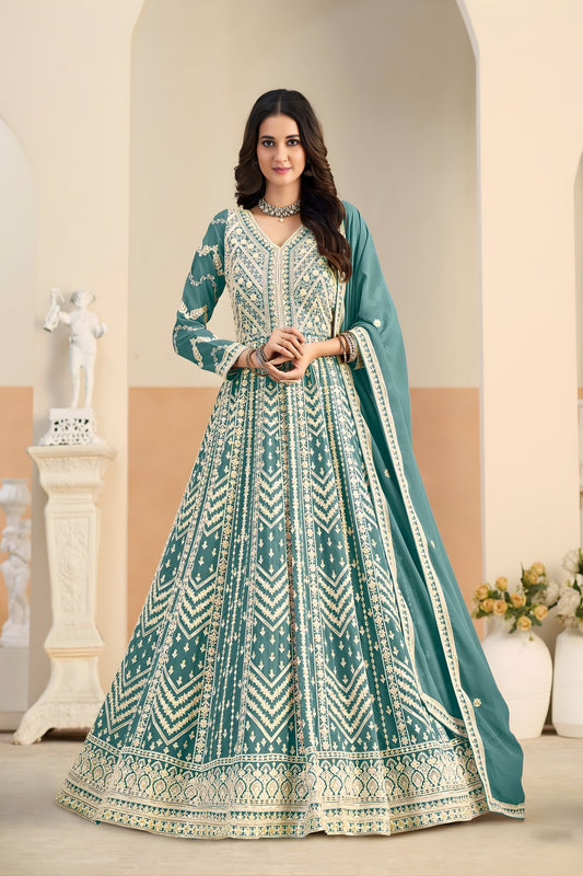 Fancy Teal Green Faux Georgette Embroidered Semi-Stitched Anarkali Suit with Dupatta