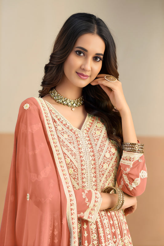 Vibrant Orange Faux Georgette Embroidered Semi-Stitched Anarkali Suit with Dupatta