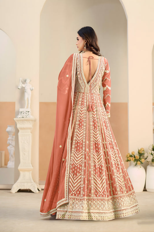 Vibrant Orange Faux Georgette Embroidered Semi-Stitched Anarkali Suit with Dupatta