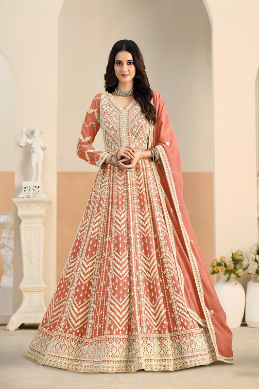 Vibrant Orange Faux Georgette Embroidered Semi-Stitched Anarkali Suit with Dupatta