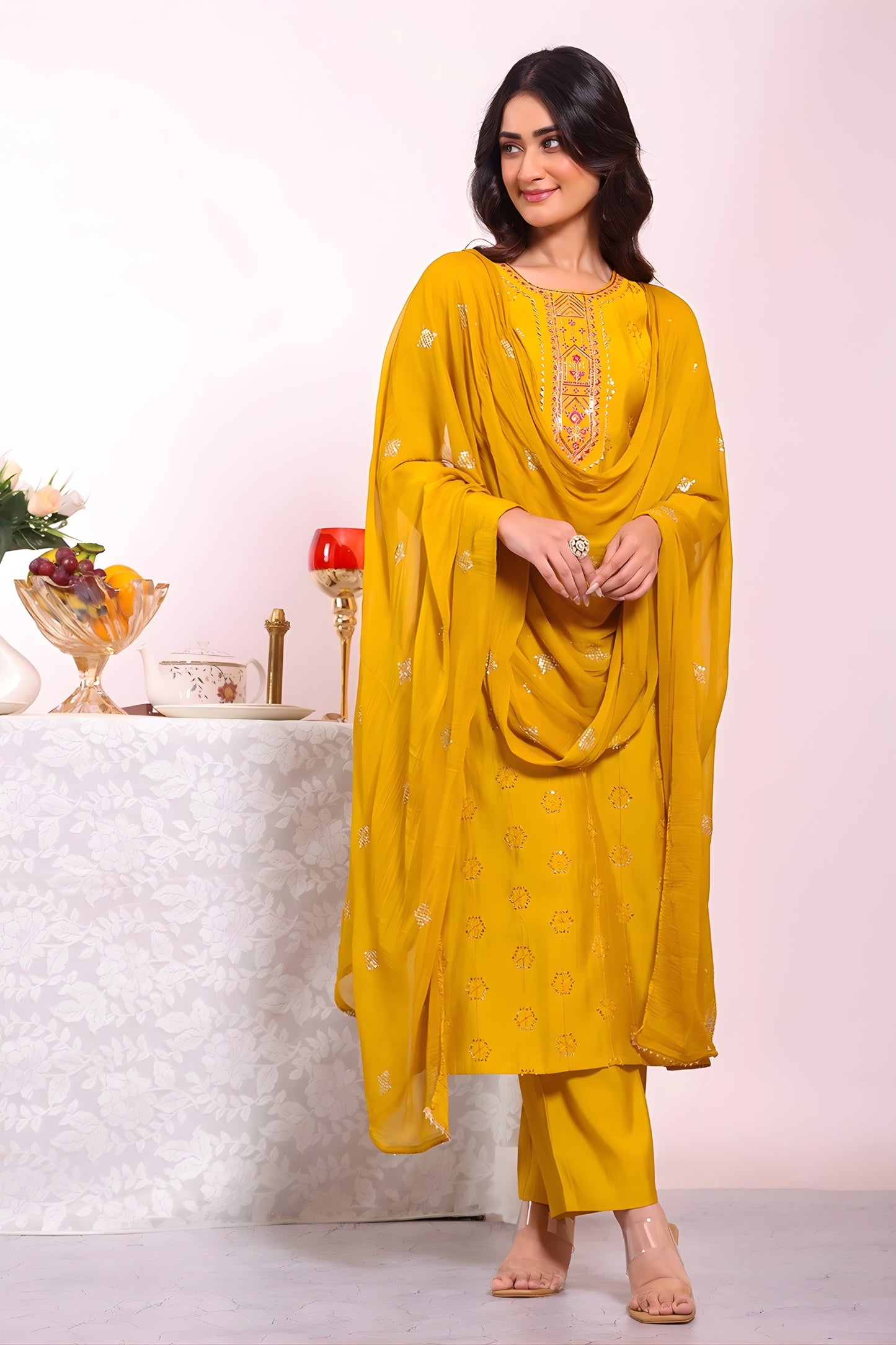 Fancy Mustard Yellow Poly Silk Embroidered Readymade Salwar Suit with Dupatta for Women