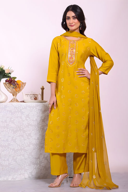 Fancy Mustard Yellow Poly Silk Embroidered Readymade Salwar Suit with Dupatta for Women
