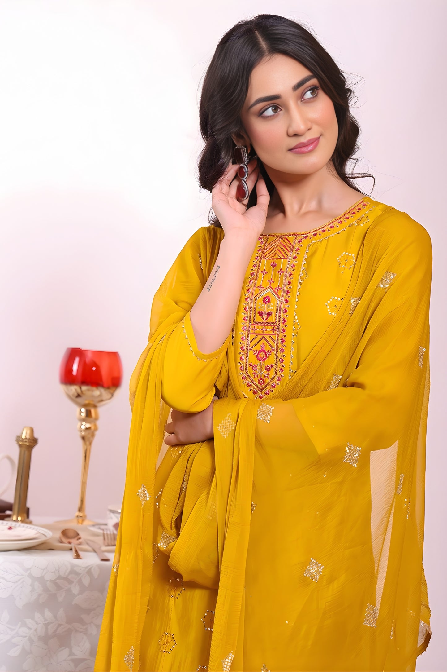 Fancy Mustard Yellow Poly Silk Embroidered Readymade Salwar Suit with Dupatta for Women