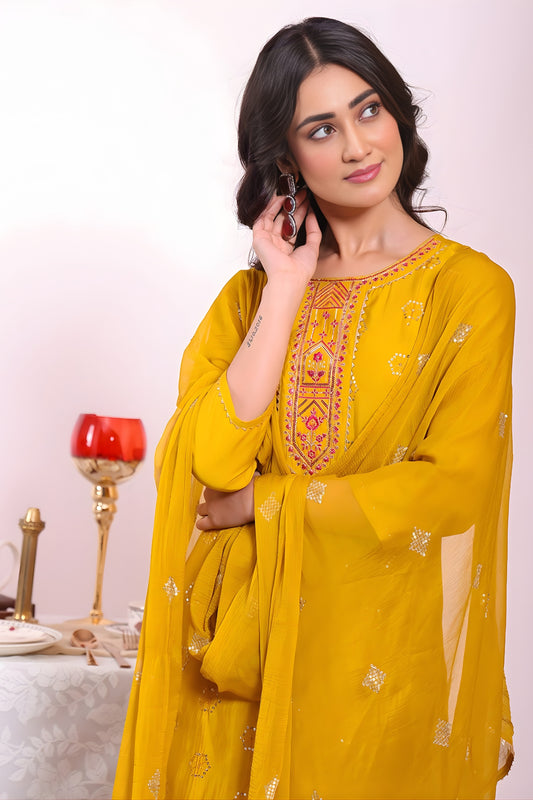 Fancy Mustard Yellow Poly Silk Embroidered Readymade Salwar Suit with Dupatta for Women