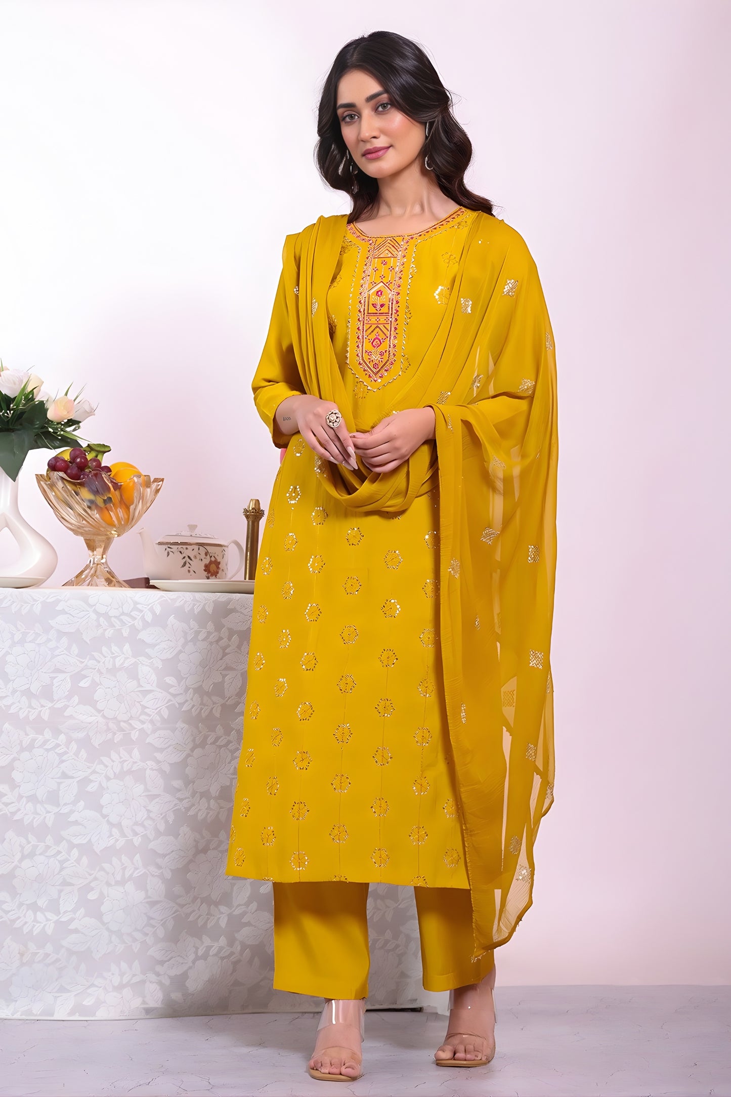 Fancy Mustard Yellow Poly Silk Embroidered Readymade Salwar Suit with Dupatta for Women