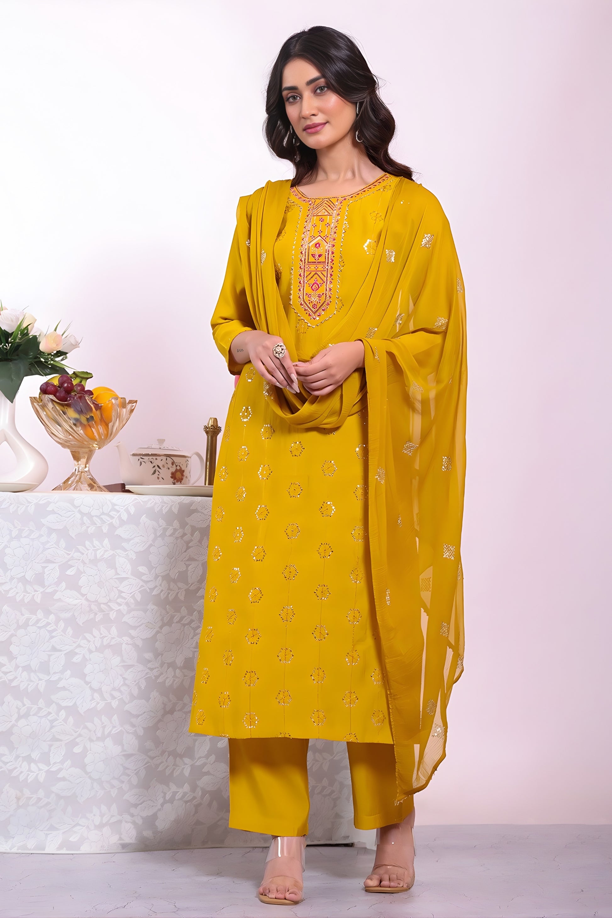Fancy Mustard Yellow Poly Silk Embroidered Readymade Salwar Suit with Dupatta for Women