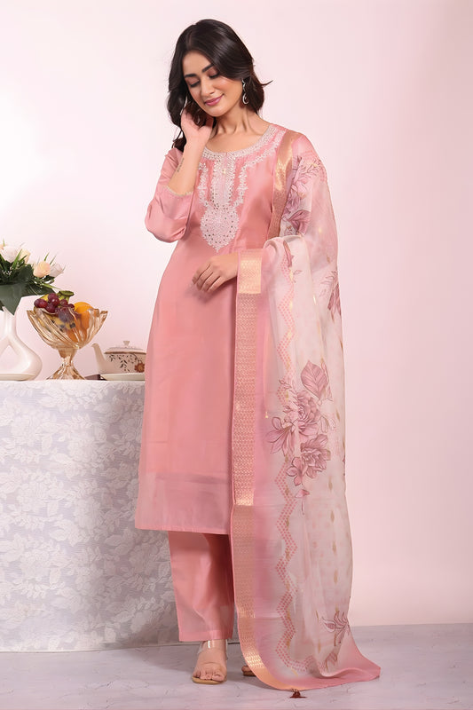 Stylish Peach Poly Silk Embroidered Readymade Salwar Suit with Dupatta for Women