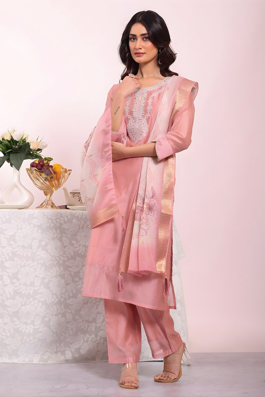 Stylish Peach Poly Silk Embroidered Readymade Salwar Suit with Dupatta for Women