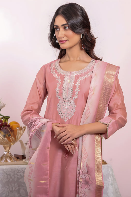 Stylish Peach Poly Silk Embroidered Readymade Salwar Suit with Dupatta for Women