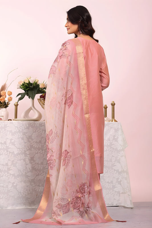 Stylish Peach Poly Silk Embroidered Readymade Salwar Suit with Dupatta for Women