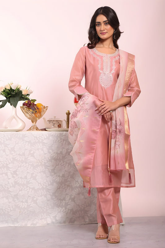 Stylish Peach Poly Silk Embroidered Readymade Salwar Suit with Dupatta for Women