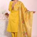 Traditional Yellow Poly Silk Embroidered Readymade Salwar Suit with Floral Dupatta for Women