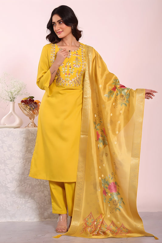 Traditional Yellow Poly Silk Embroidered Readymade Salwar Suit with Floral Dupatta for Women