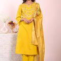 Traditional Yellow Poly Silk Embroidered Readymade Salwar Suit with Floral Dupatta for Women