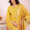 Traditional Yellow Poly Silk Embroidered Readymade Salwar Suit with Floral Dupatta for Women