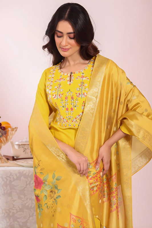 Traditional Yellow Poly Silk Embroidered Readymade Salwar Suit with Floral Dupatta for Women