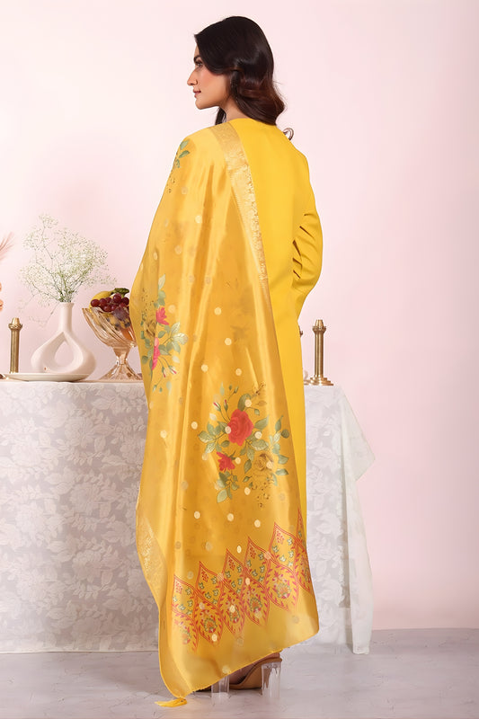 Traditional Yellow Poly Silk Embroidered Readymade Salwar Suit with Floral Dupatta for Women