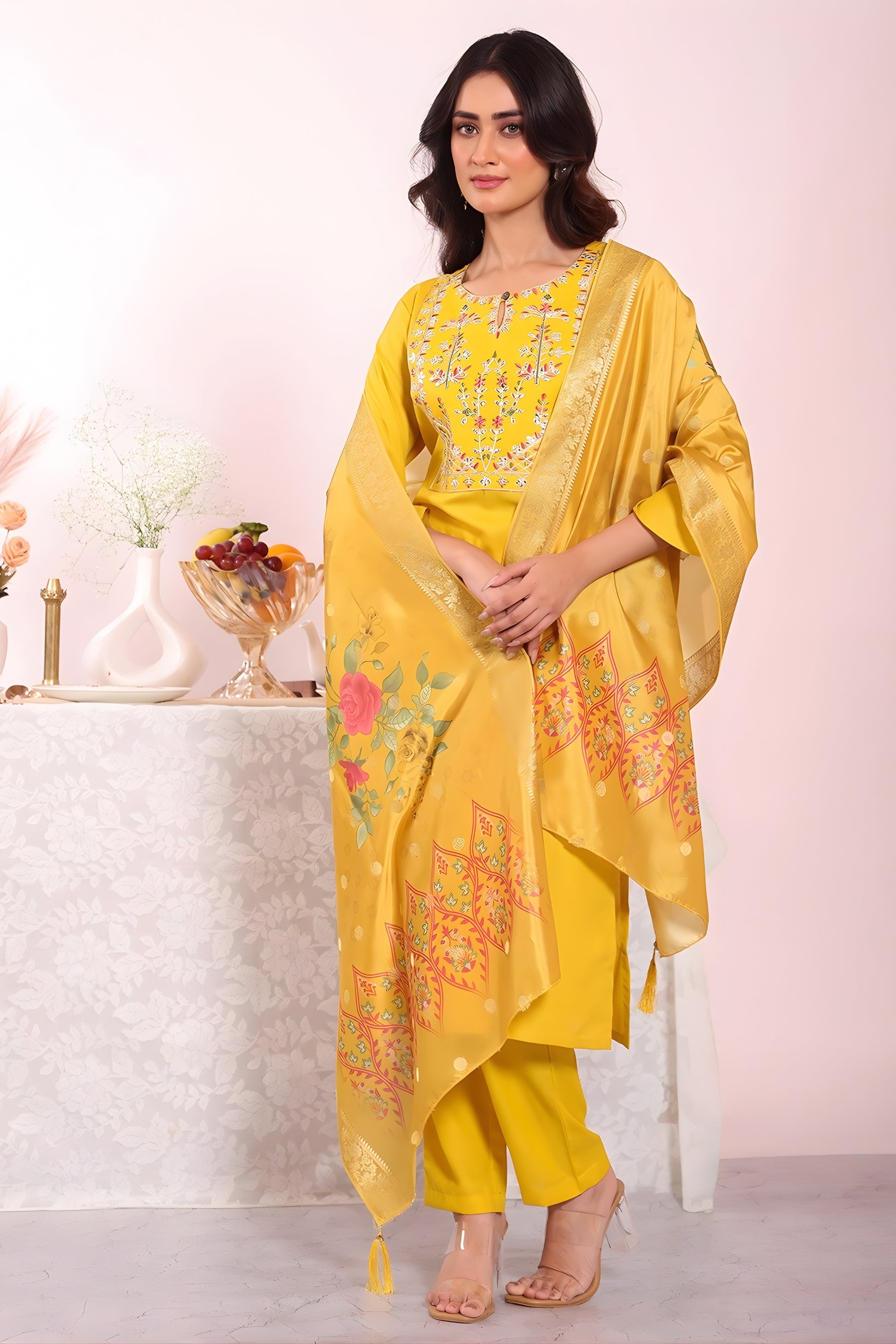 Traditional Yellow Poly Silk Embroidered Readymade Salwar Suit with Floral Dupatta for Women