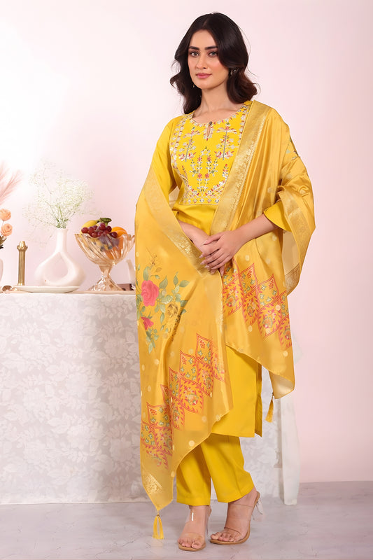 Traditional Yellow Poly Silk Embroidered Readymade Salwar Suit with Floral Dupatta for Women