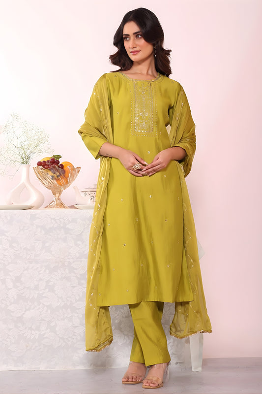 Unique Olive Green Poly Silk Embroidered Readymade Salwar Suit with Dupatta for Women