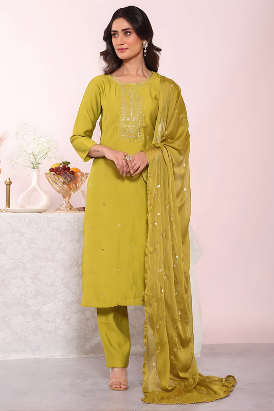 Unique Olive Green Poly Silk Embroidered Readymade Salwar Suit with Dupatta for Women