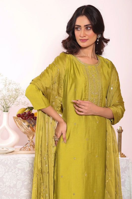 Unique Olive Green Poly Silk Embroidered Readymade Salwar Suit with Dupatta for Women