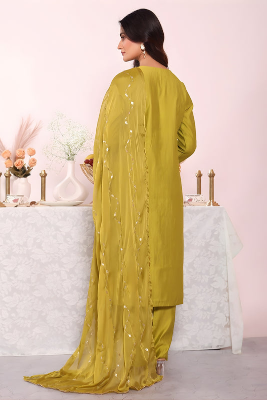 Unique Olive Green Poly Silk Embroidered Readymade Salwar Suit with Dupatta for Women