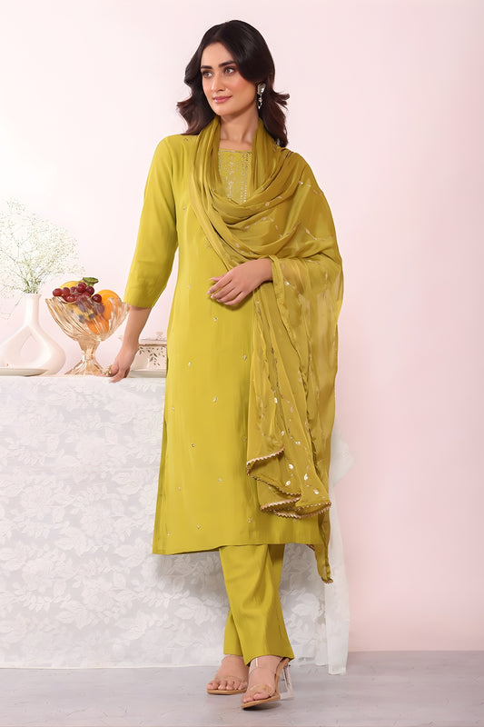 Unique Olive Green Poly Silk Embroidered Readymade Salwar Suit with Dupatta for Women
