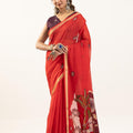 Red Floral Printed Saree Golden Border Traditional Saree